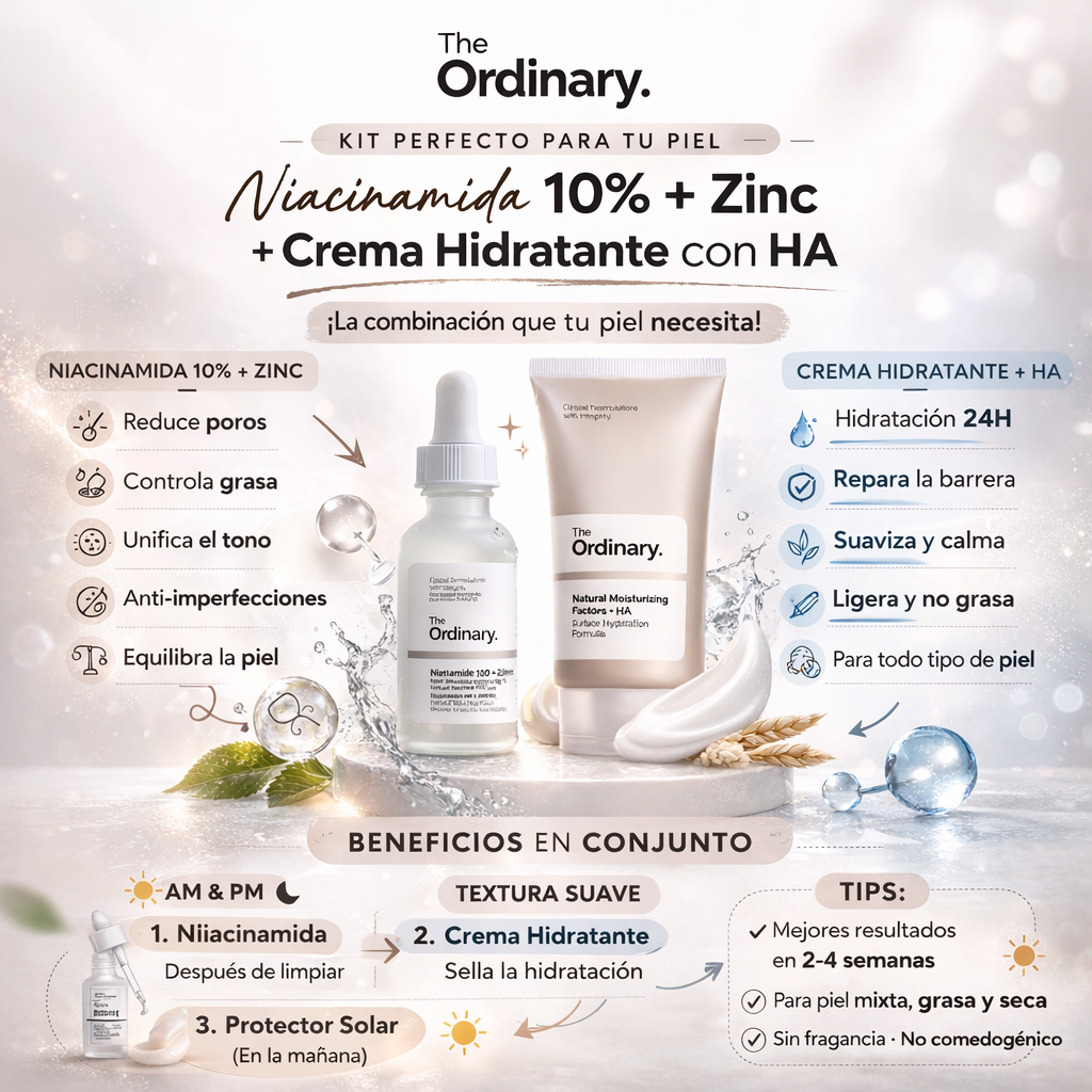 KIT THE ORDINARY™ NIACINAMIDA 10% & ZINC 1% + HIDRATANTE NARUTAL & ACIDO HIALURONICO + PROTECTOR SOLAR ALOE VERA