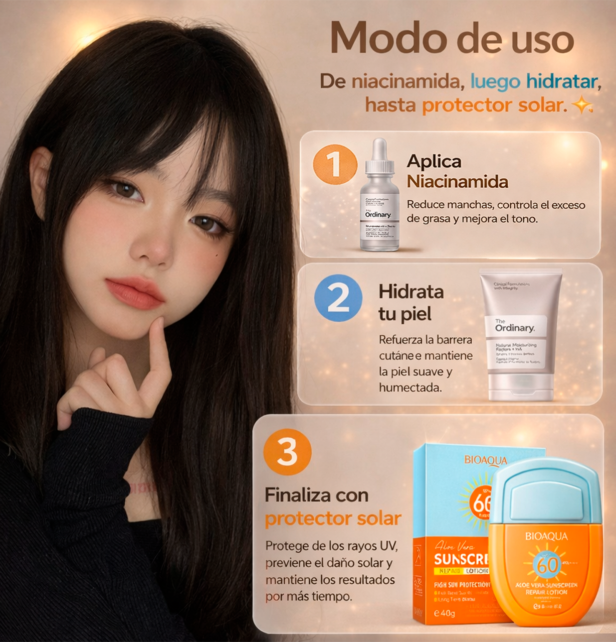 KIT THE ORDINARY™  NIACINAMIDA 10% & ZINC 1% + HIDRATANTE NARUTAL & ACIDO HIALURONICO + PROTECTOR SOLAR ALOE VERA