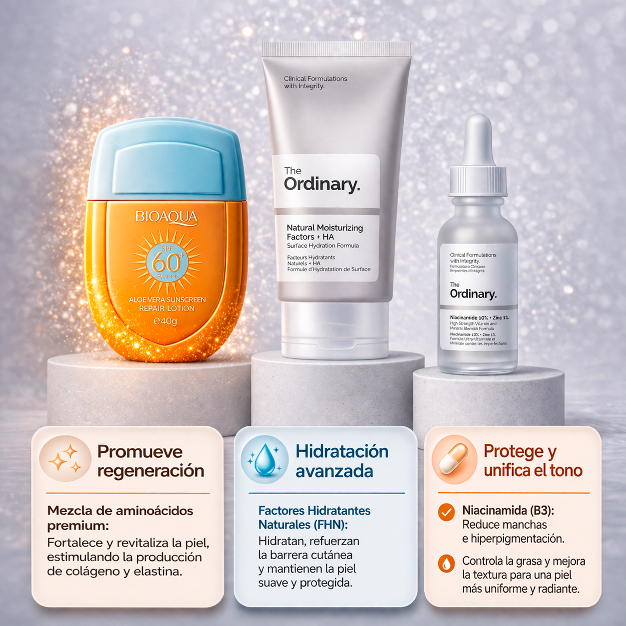KIT THE ORDINARY™  NIACINAMIDA 10% & ZINC 1% + HIDRATANTE NARUTAL & ACIDO HIALURONICO + PROTECTOR SOLAR ALOE VERA